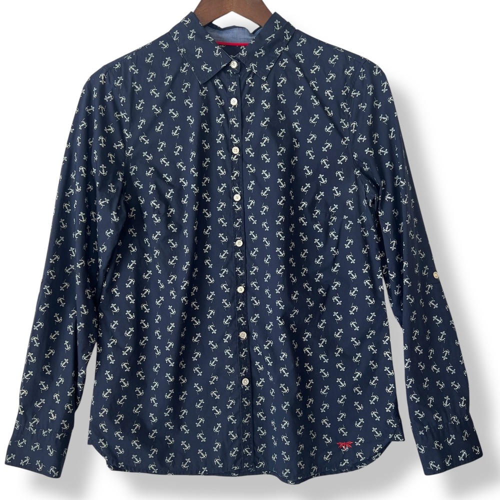 Talbots 8 Blouse Navy Blue Anchor 100% Cotton Button Up Shirt Nautical Beach